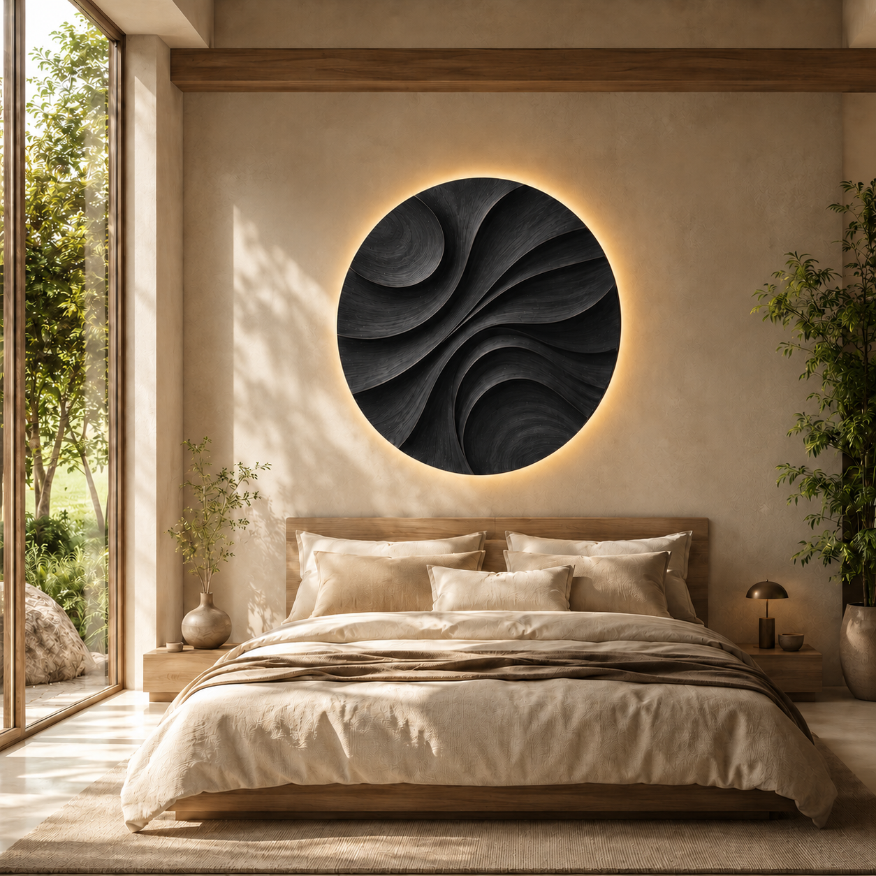 Round Wood Wall Art – Solid Wood Backlit Wall Decor for Bedroom Decor