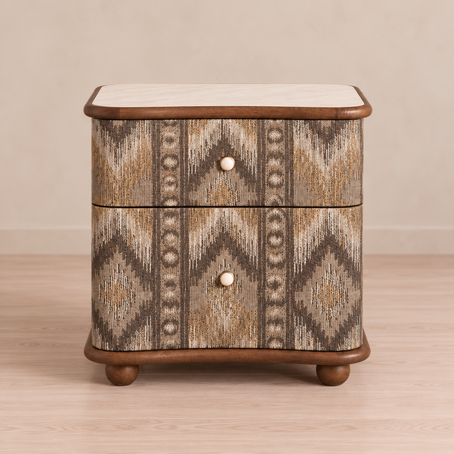 Patterned Two-Drawer Wood Nightstand with Stone Top Hover Image