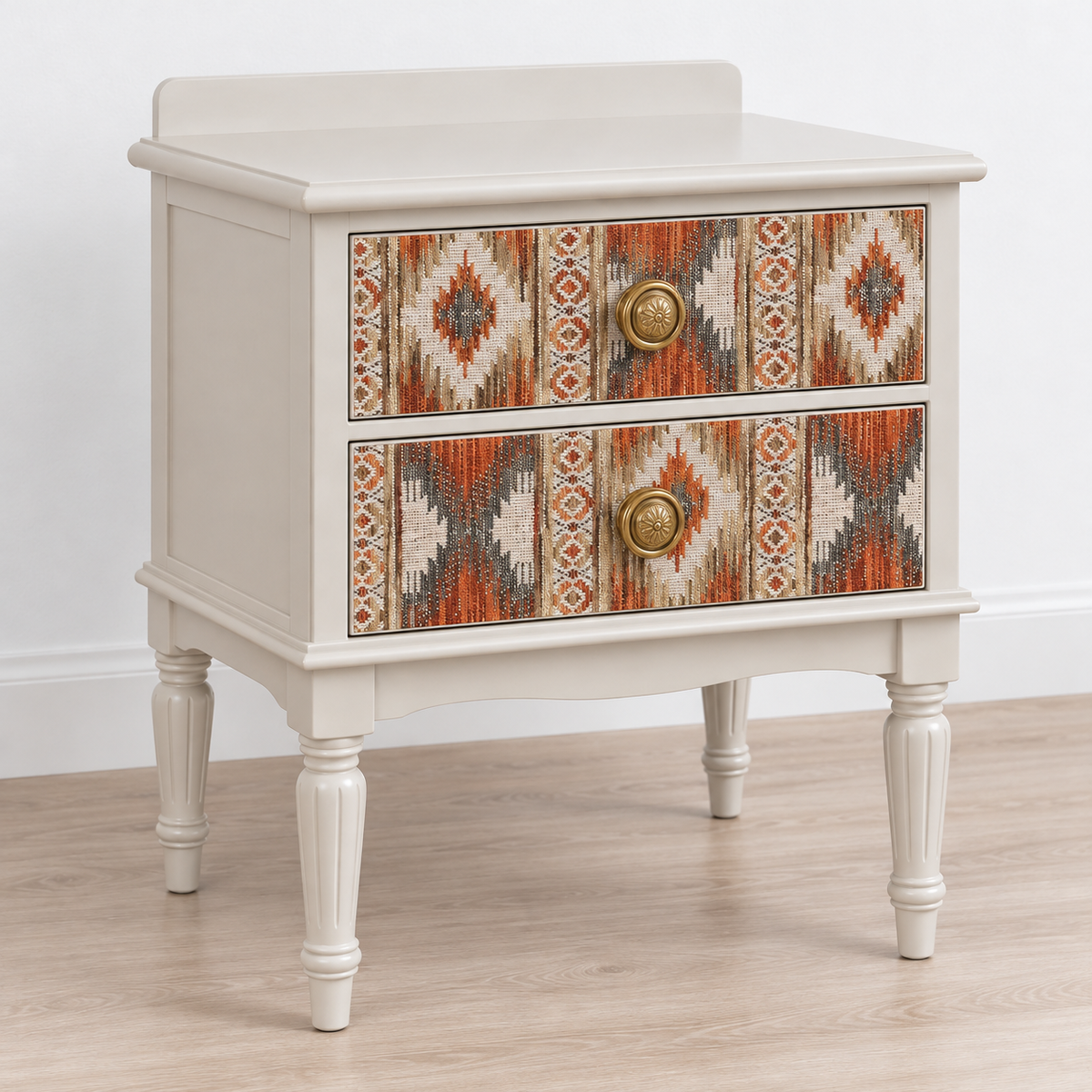 Patterned Drawer Nightstand with Turned Legs
