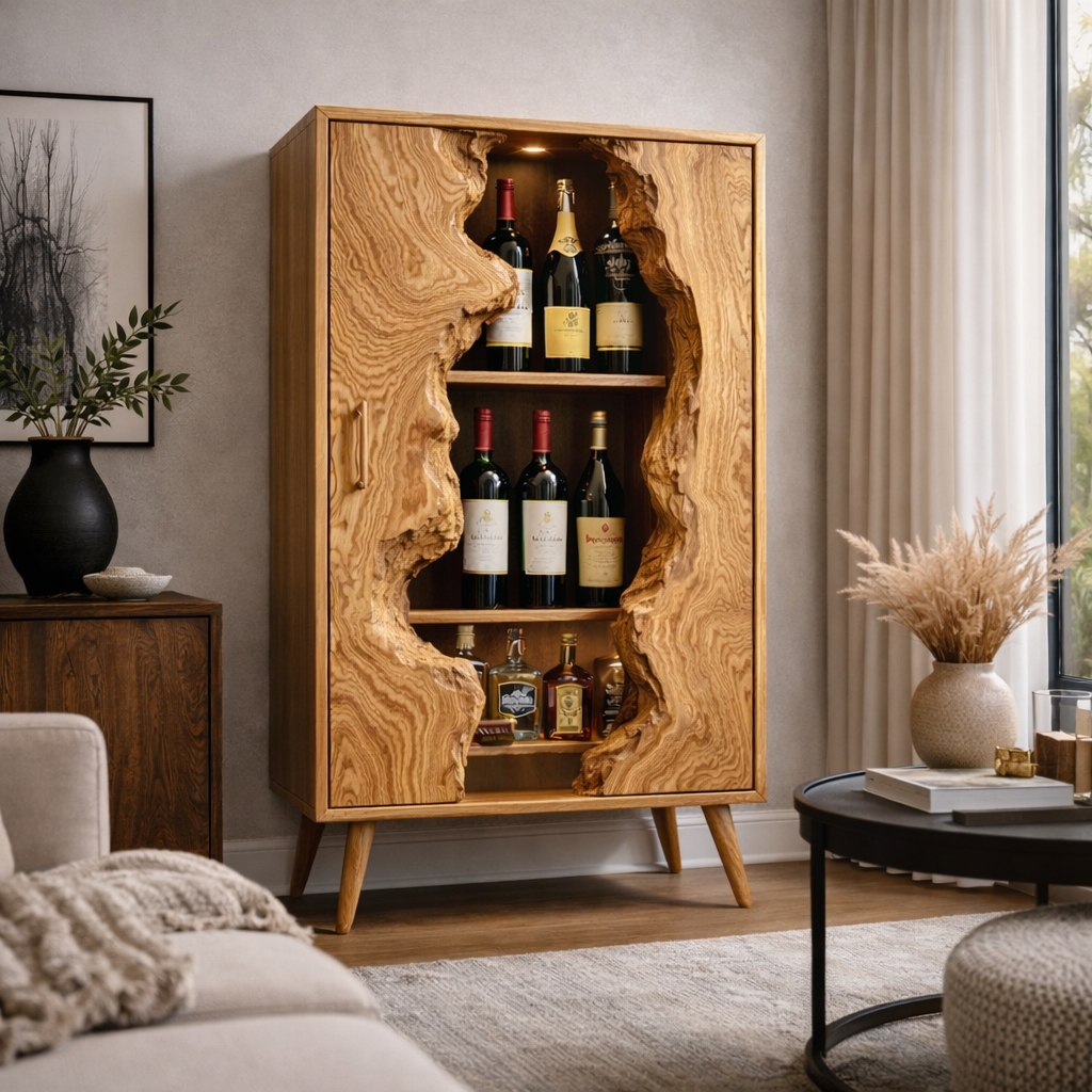Live Edge Wine Cabinet – Solid Wood Bottle Storage Cabinet for Home Bar Decor