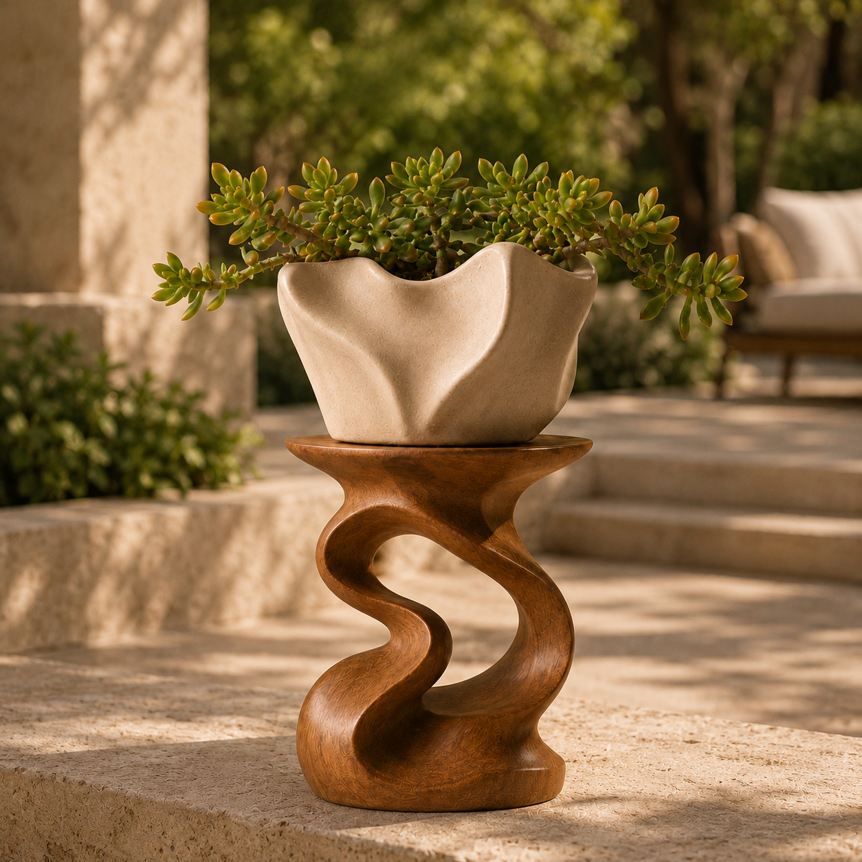 Sculptural Planter Stand – Solid Wood Plant Stand for Indoor and Outdoor Decor
