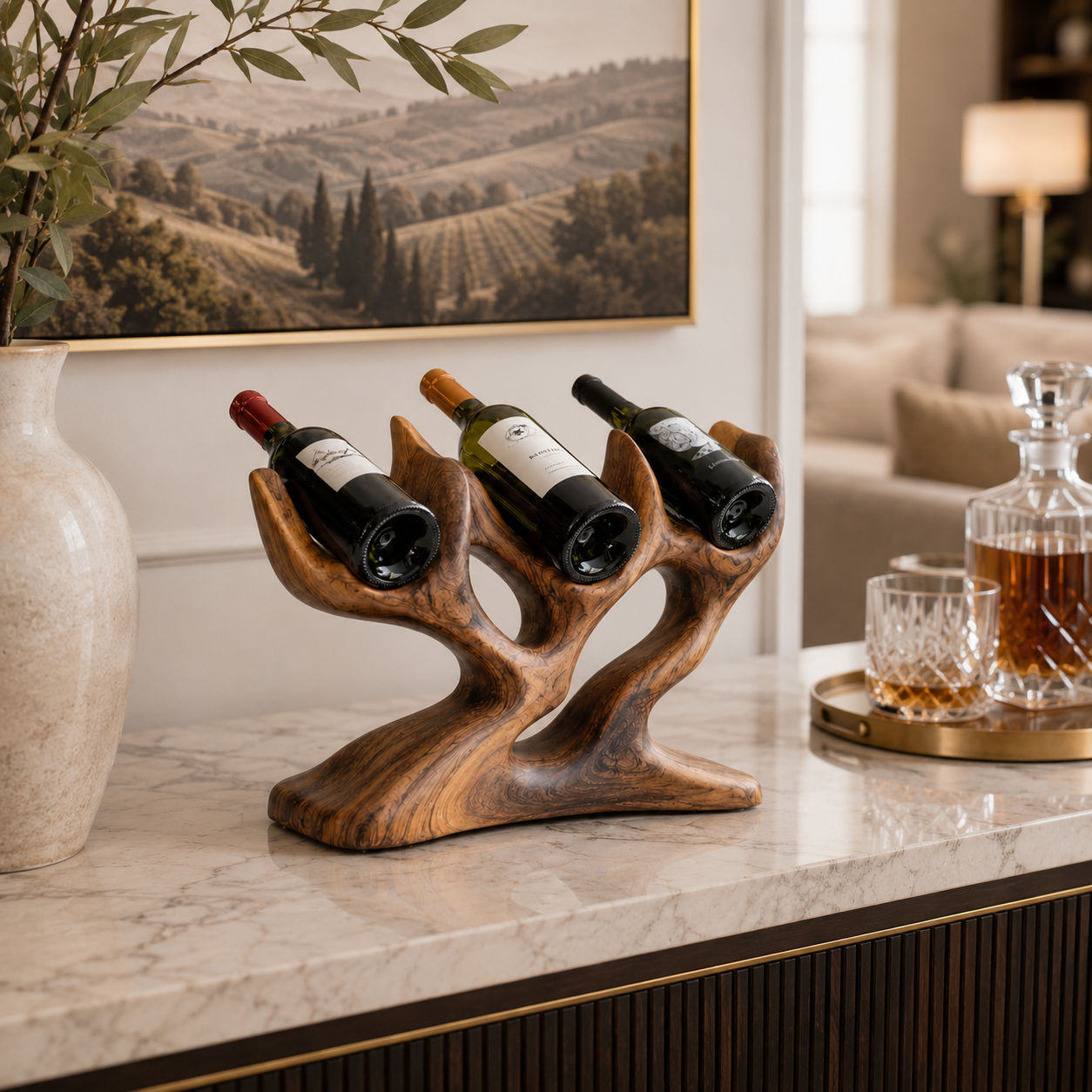 Branch Wood Wine Rack – Solid Wood 3 Bottle Display Stand for Dining Room Decor