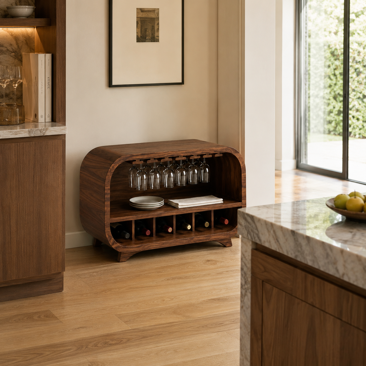 Curved Wood Bar Cabinet – Solid Wood Wine Storage Cabinet with Glass Holder for Living Room Decor