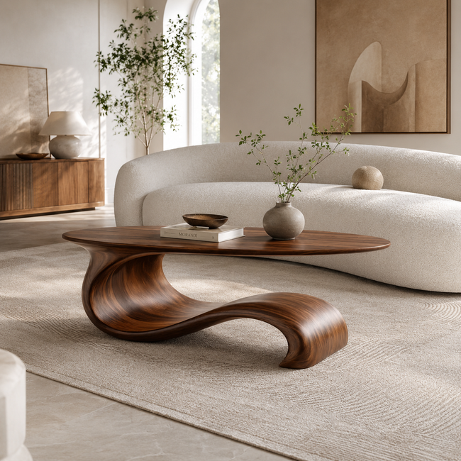Sculptural Wave Walnut Coffee Table – Modern Curved Design Hover Image