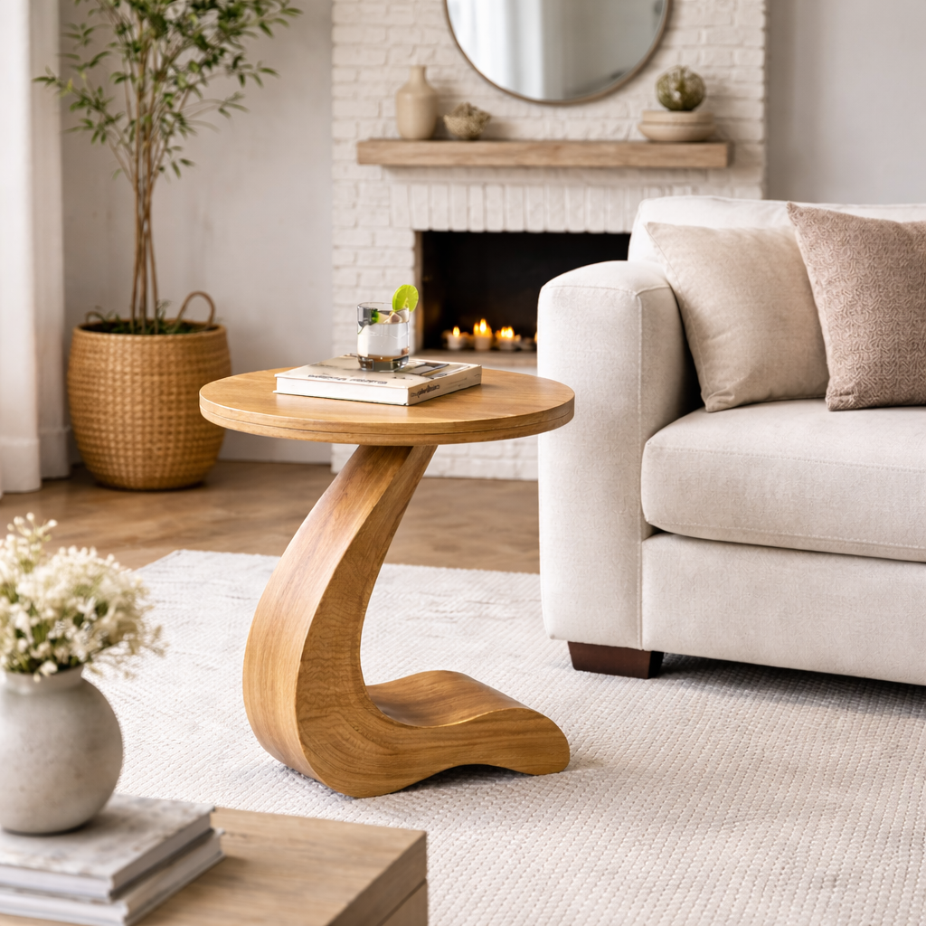 Modern Sculptural Solid Wood C-Shape Side Table for Sofa & Living Room