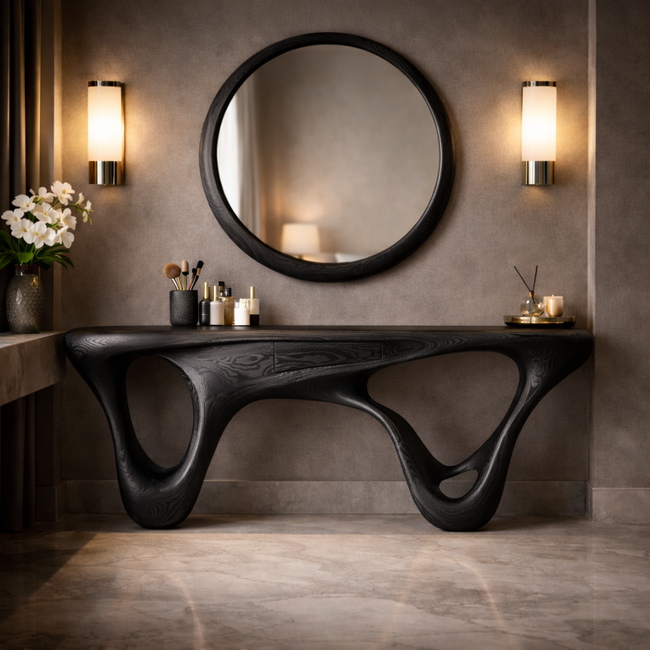 Organic Sculptural Wooden Console Table with Round Mirror | Modern Entryway & Living Room Statement Set Main Image