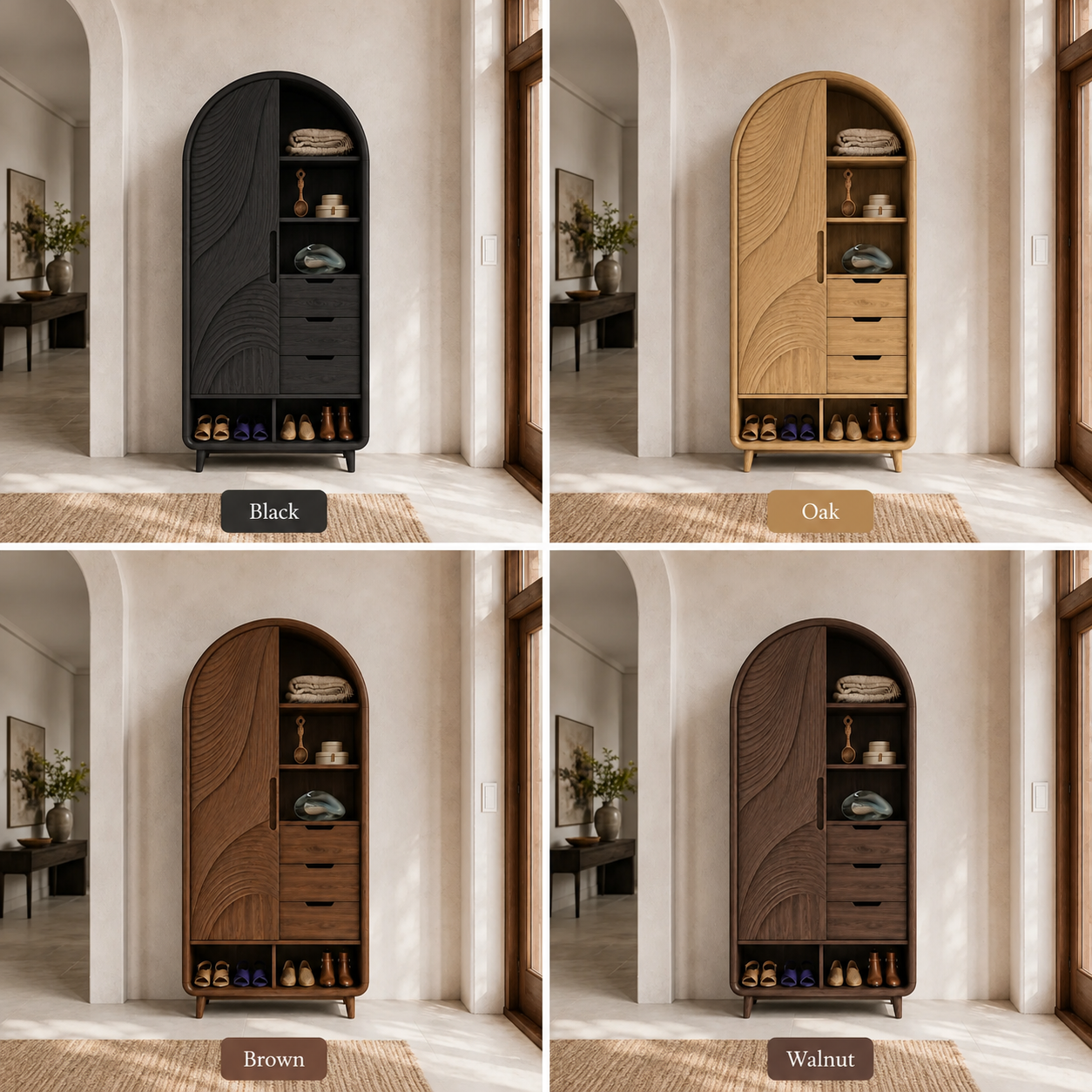 Arched Wood Wardrobe – Solid Wood Carved Storage Cabinet for Bedroom Decor