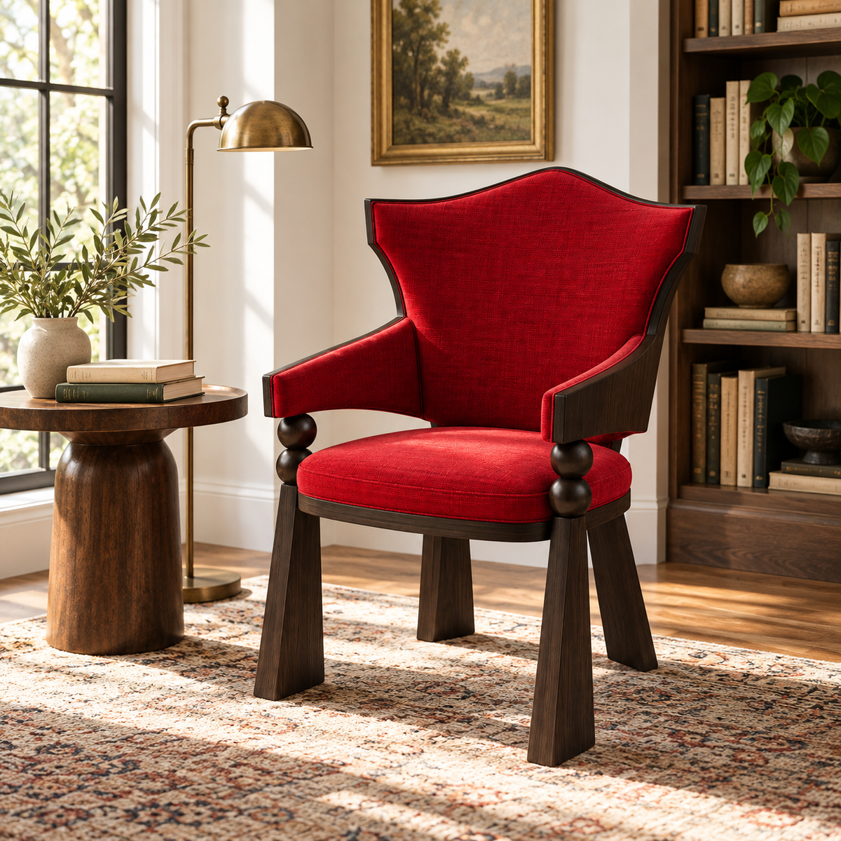 High-Back Red Upholstered Wood Armchair