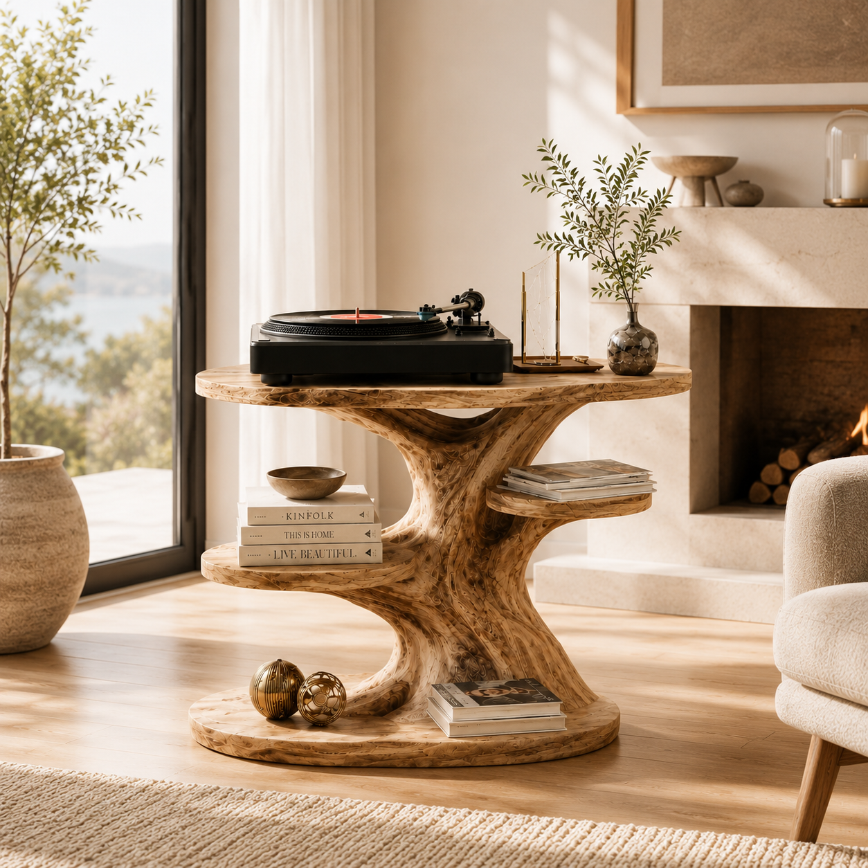 Sculptural Wooden Record Player Stand – Solid Wood Turntable Table with Vinyl Storage