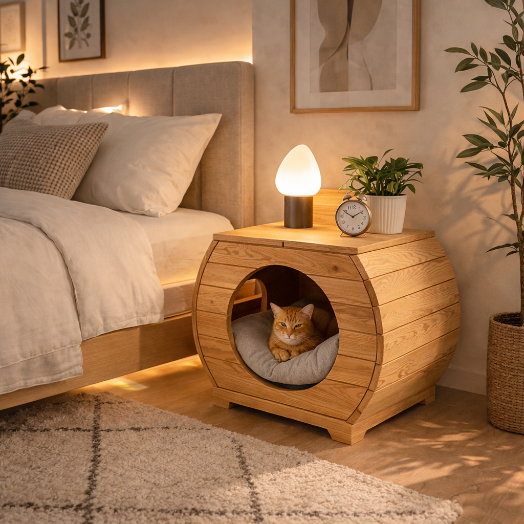 Cat House Nightstand – Solid Wood Bedside Table for Bedroom Decor