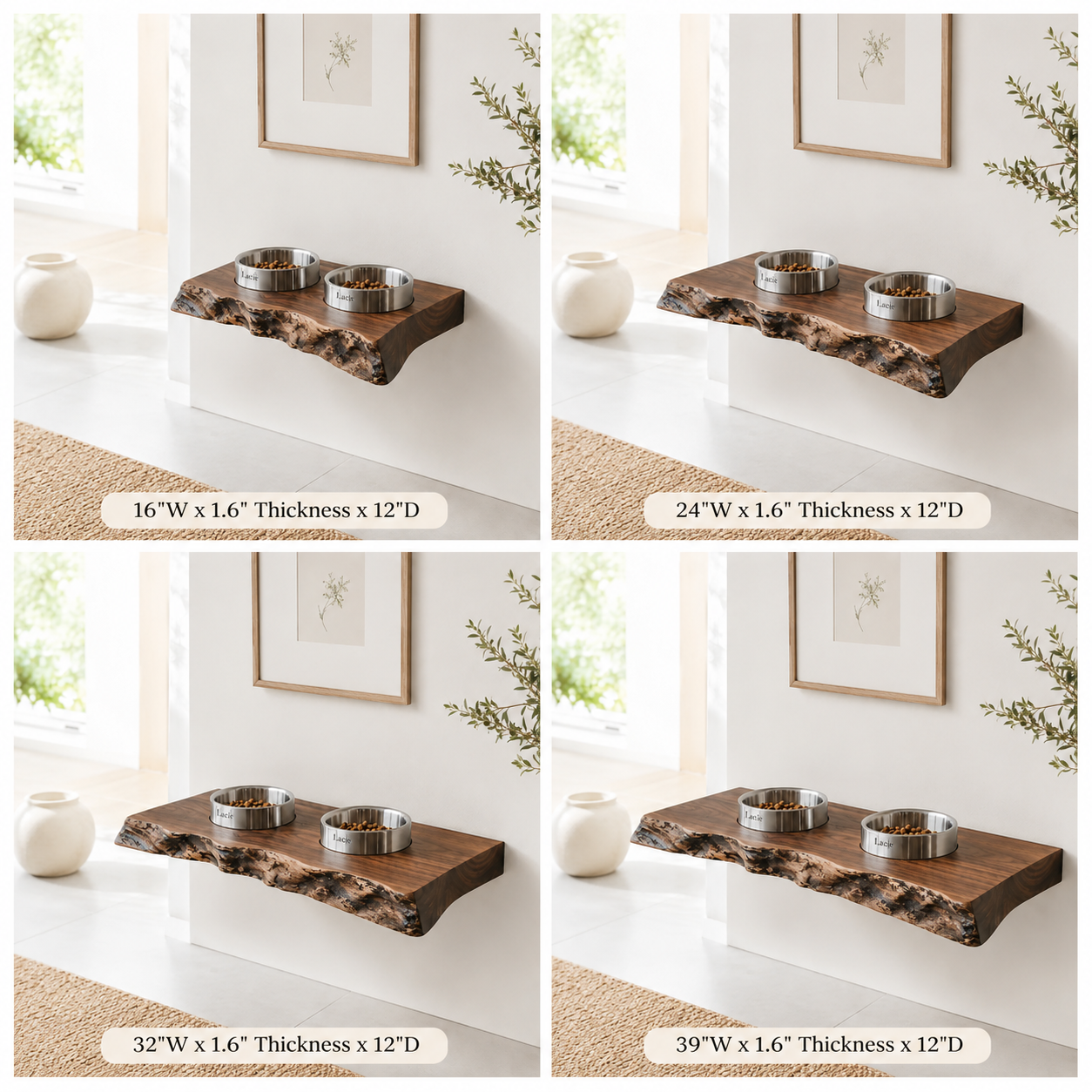 Live Edge Wood Pet Bowl Shelf – Solid Wood Wall Mounted Feeding Station for Home Decor