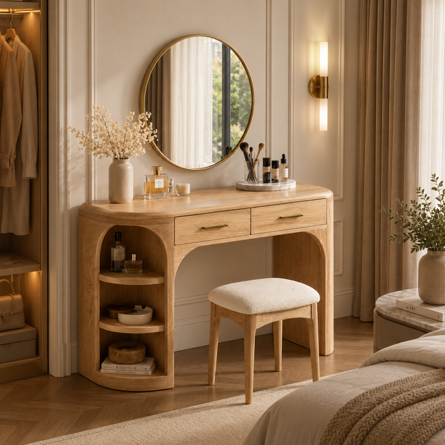 Makeup Vanity Table – Solid Wood Vanity with Round Mirror and Stool Main Image