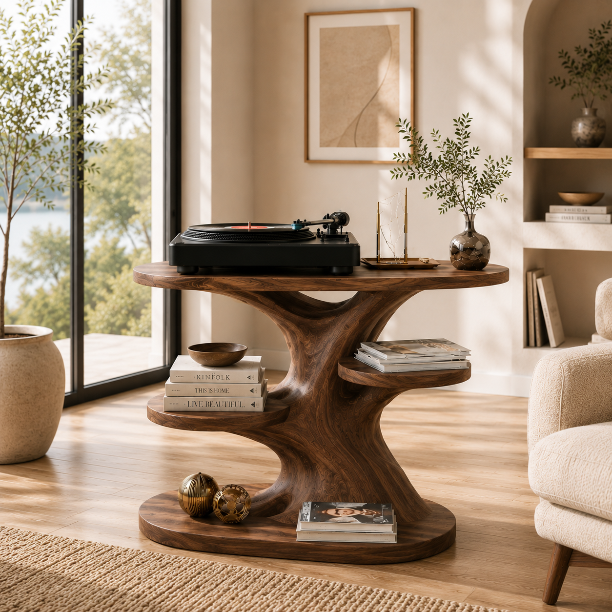 Sculptural Wooden Record Player Stand – Solid Wood Turntable Table with Vinyl Storage