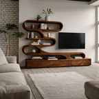S-Shaped TV Stand – Solid Wood Media Console with Shelves for Living Room Decor
