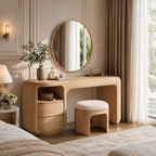 Makeup Vanity Table – Solid Wood Vanity with Round Mirror and Stool