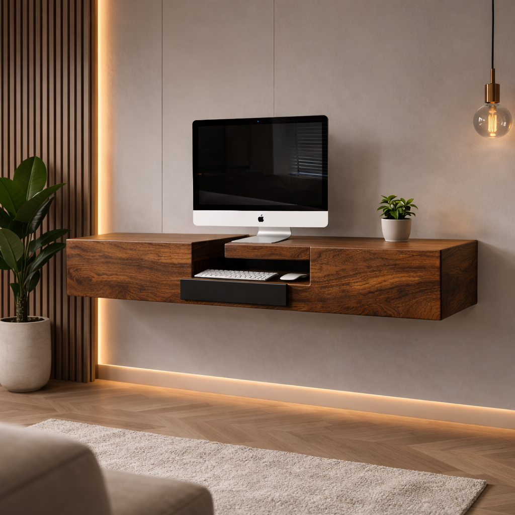 Floating TV Stand – Solid Wood Media Console with Drawer Storage