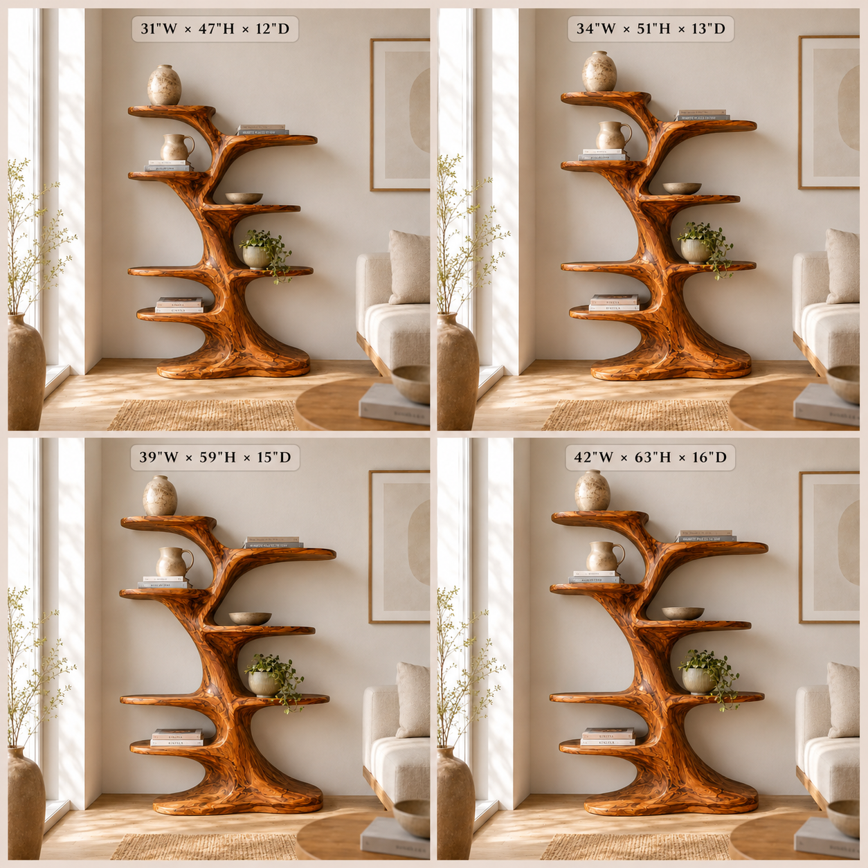 Tree Branch Wood Bookshelf – Solid Wood Display Shelf for Living Room Decor