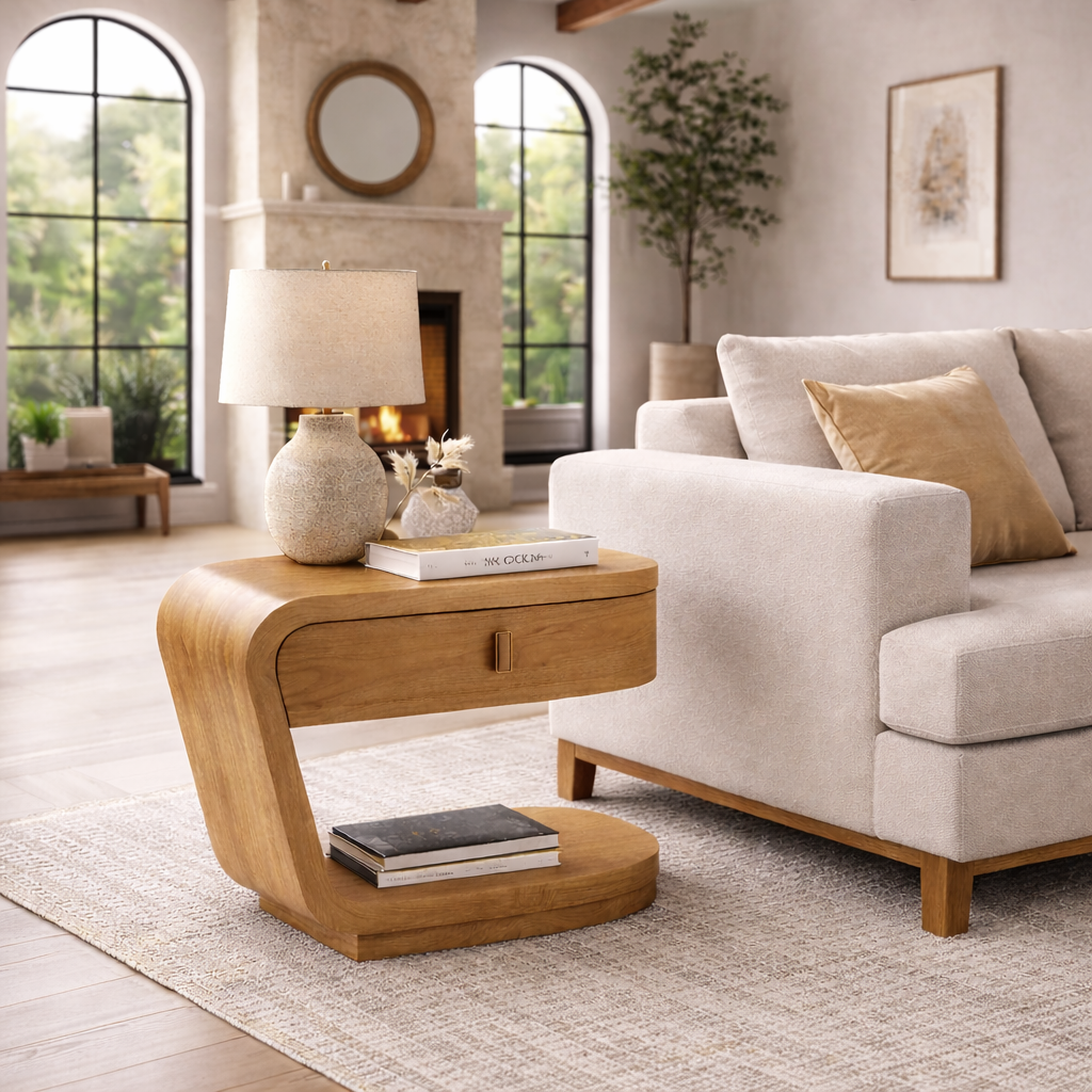 C-Shaped Side Table – Modern Wooden Table for Sofa and Bedside