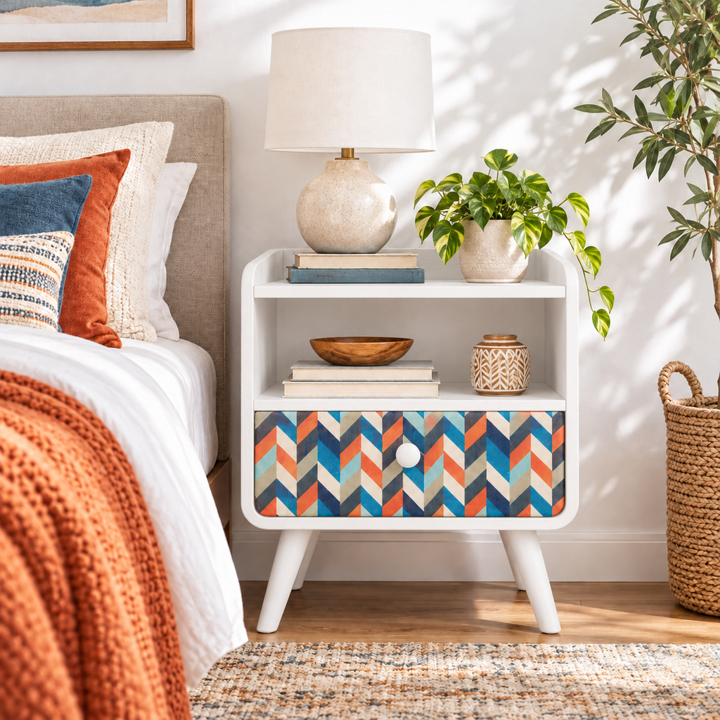 Mid-Century Walnut Nightstand with Geometric Drawer
