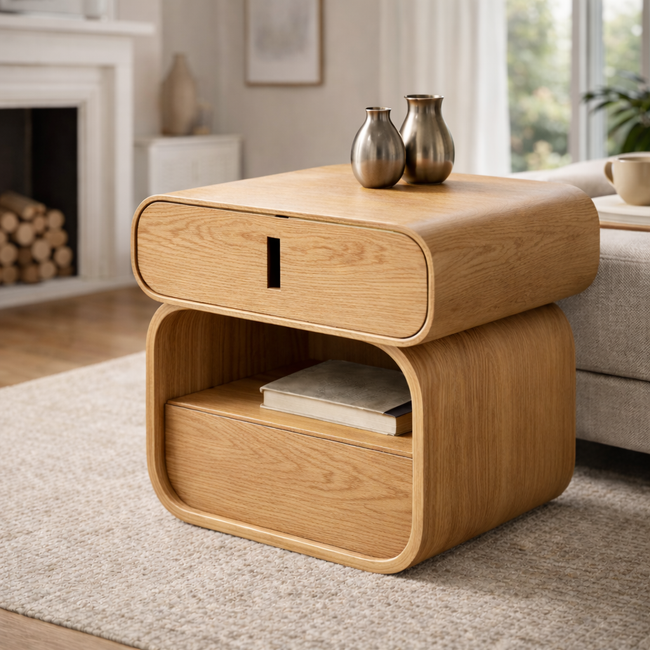 Modern Wooden Side Table with Storage – Rounded Minimalist Nightstand Hover Image