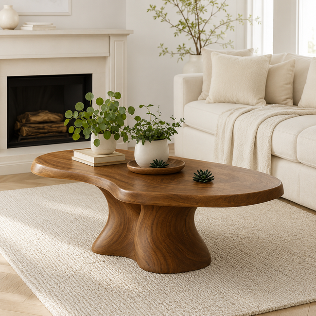 Organic Pedestal Solid Wood Coffee Table – Sculptural Center Table Hover Image
