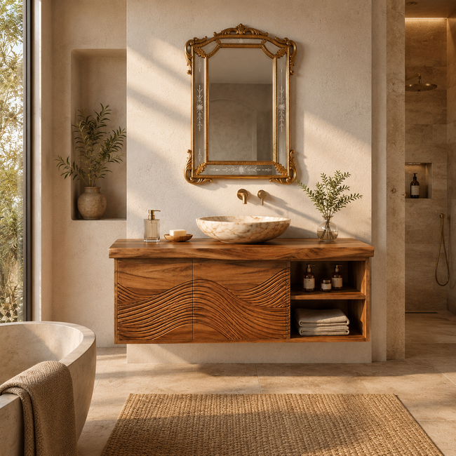 Wave Carved Wood Bathroom Vanity – Solid Wood Floating Sink Cabinet with Open Storage for Bathroom Decor Hover Image