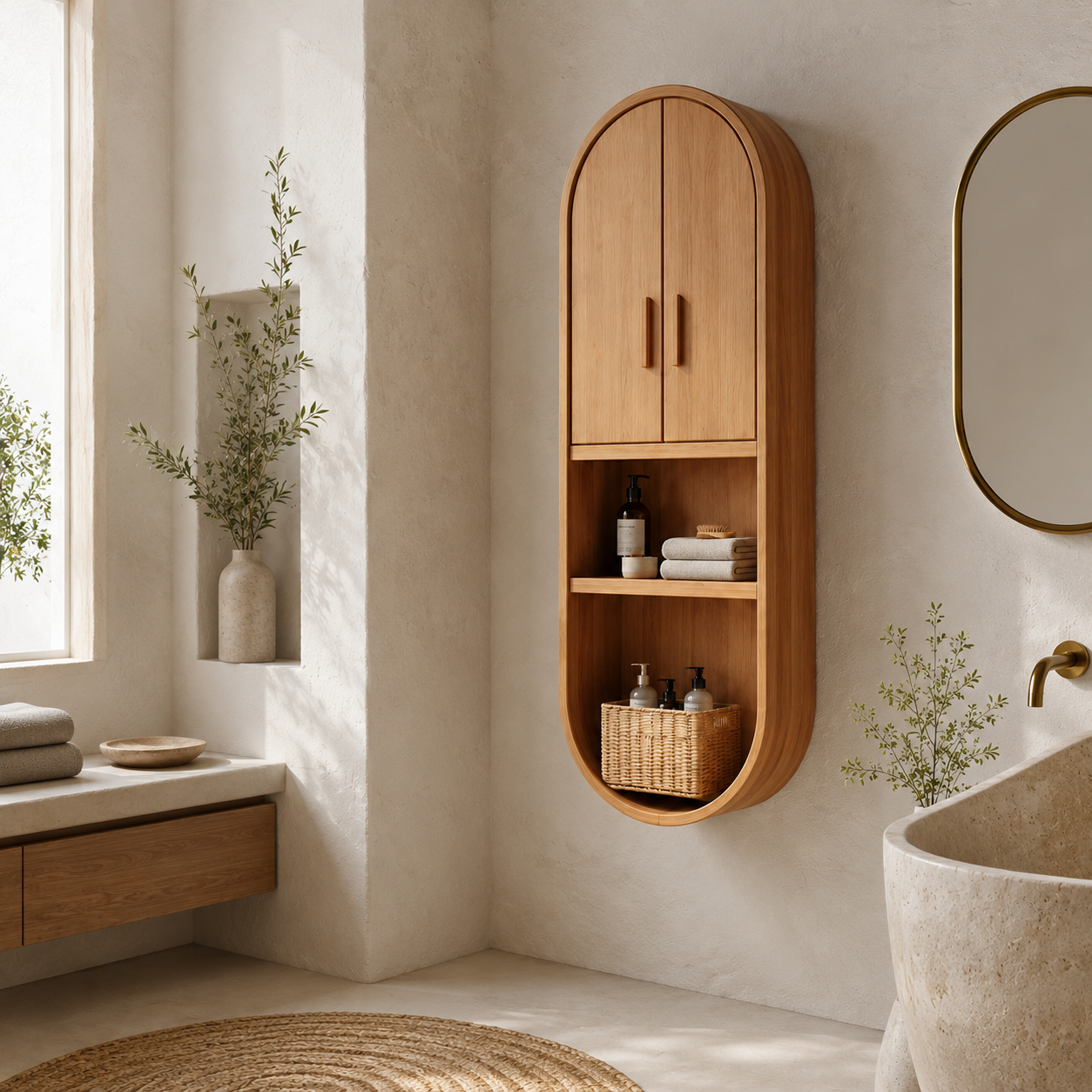 Arched Wood Bathroom Cabinet – Solid Wood Wall Mounted Storage Cabinet for Bathroom Decor
