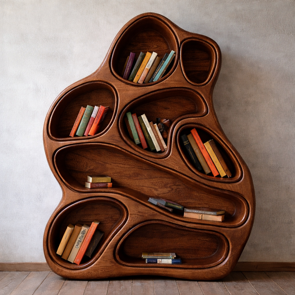 Sculptural Bookshelf – Handmade Solid Wood Shelf for Modern Interiors