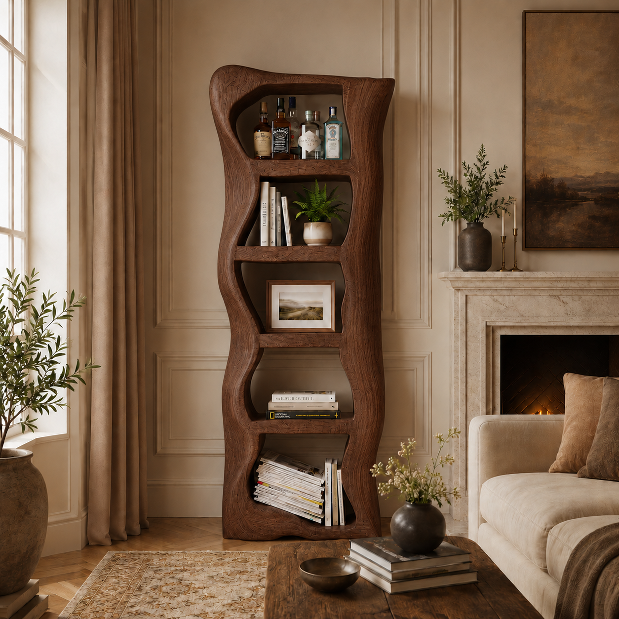 Sculptural Bookcase – Solid Wood Display Shelf for Living Room