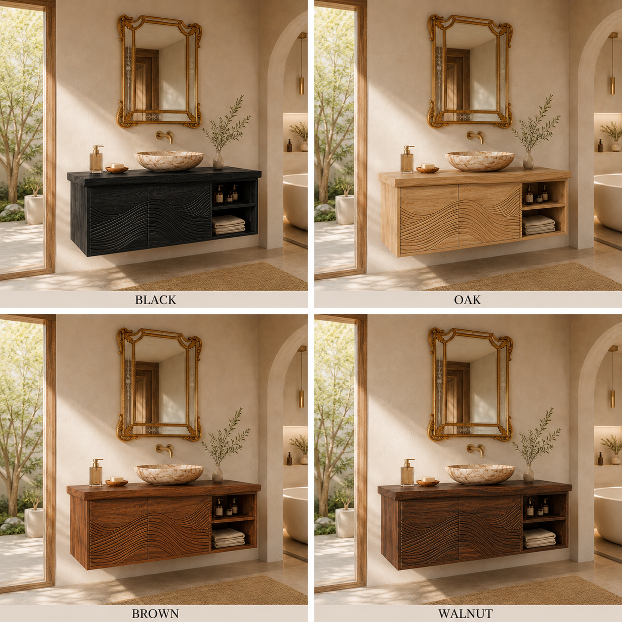 Wave Carved Wood Bathroom Vanity – Solid Wood Floating Sink Cabinet with Open Storage for Bathroom Decor