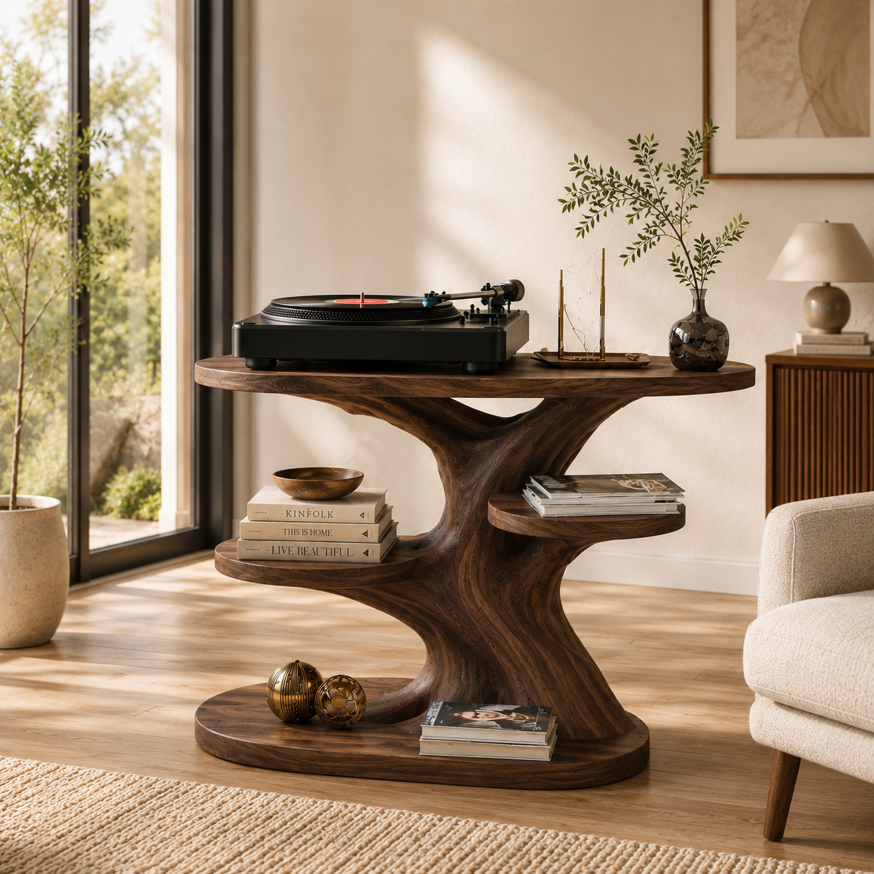 Sculptural Wooden Record Player Stand – Solid Wood Turntable Table with Vinyl Storage