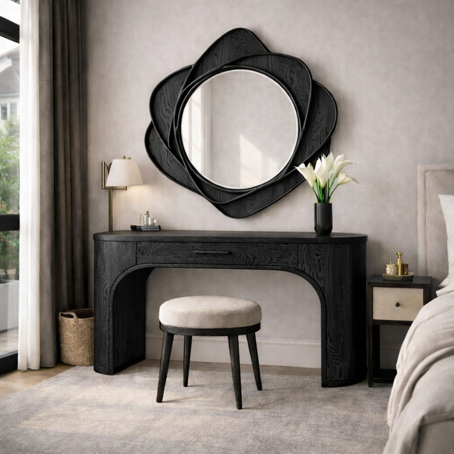 Modern Wooden Vanity Table with Sculptural Mirror | Elegant Bedroom & Dressing Room Set Main Image