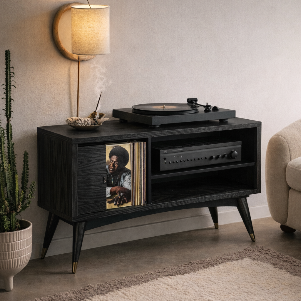 Solid Wood Turntable Console – Mid-Century Vinyl Storage Cabinet