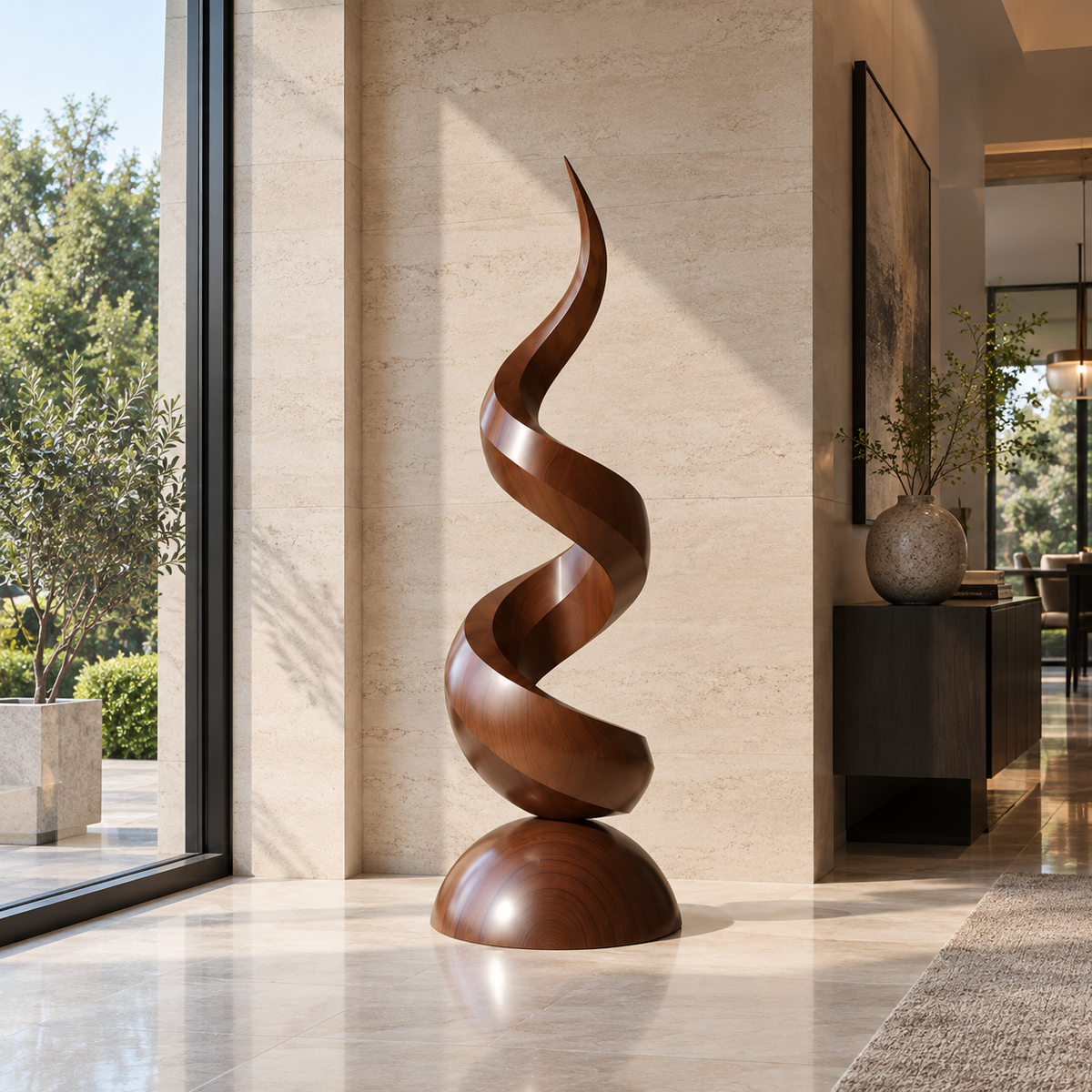 Spiral Flame Wood Floor Sculpture