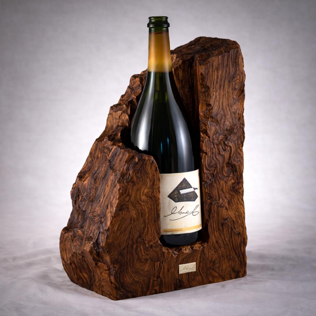 Hand-Carved Solid Wood Wine Holder for Sculptural Bottle Display