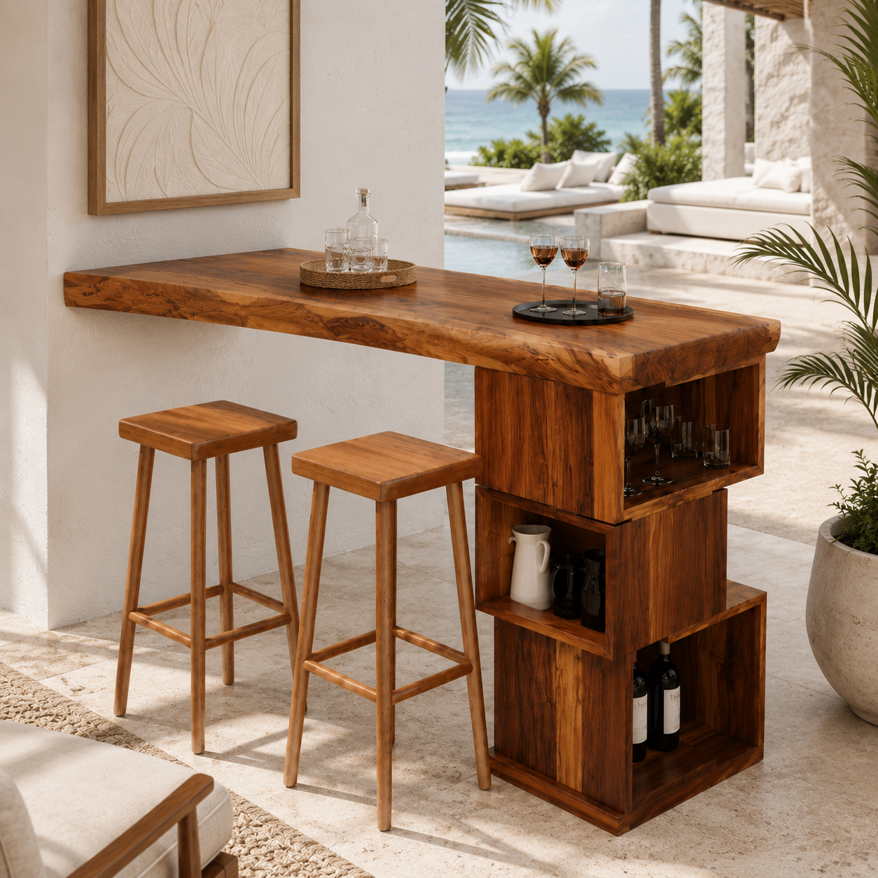 Outdoor Wood Bar Table Set – Solid Wood Balcony Bar Counter with Storage and Stools