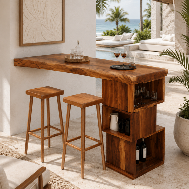 Outdoor Wood Bar Table Set – Solid Wood Balcony Bar Counter with Storage and Stools Main Image