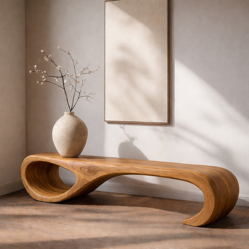 Walnut Wood Bench – Mid-Century Sculptural Bench