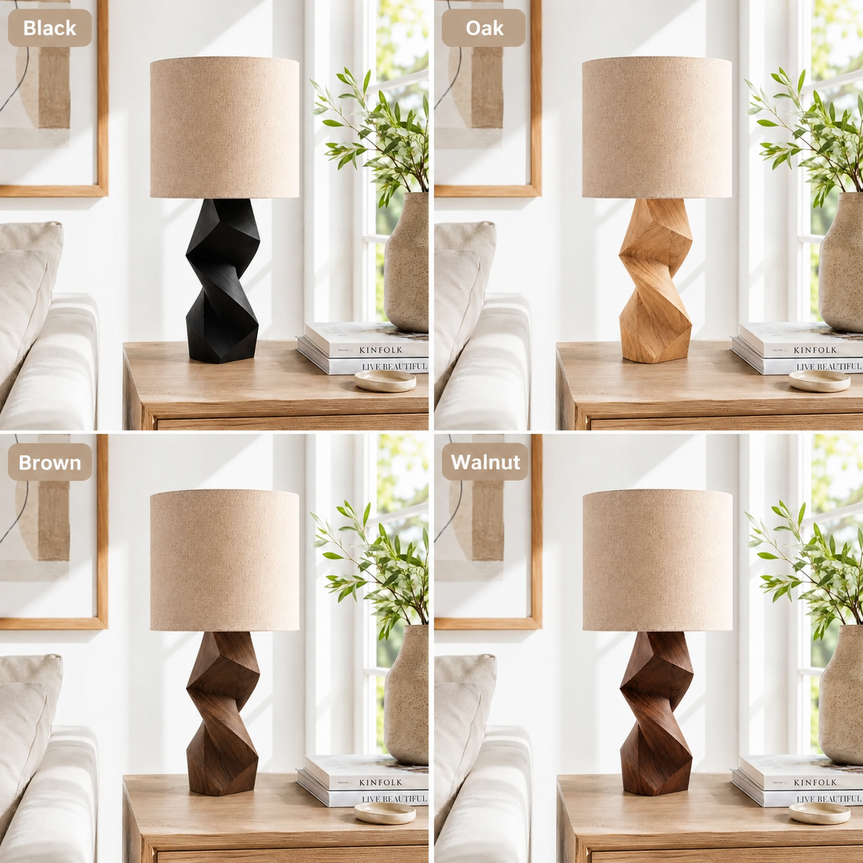Geometric Wood Table Lamp – Solid Wood Bedside Lamp for Living Room Decor