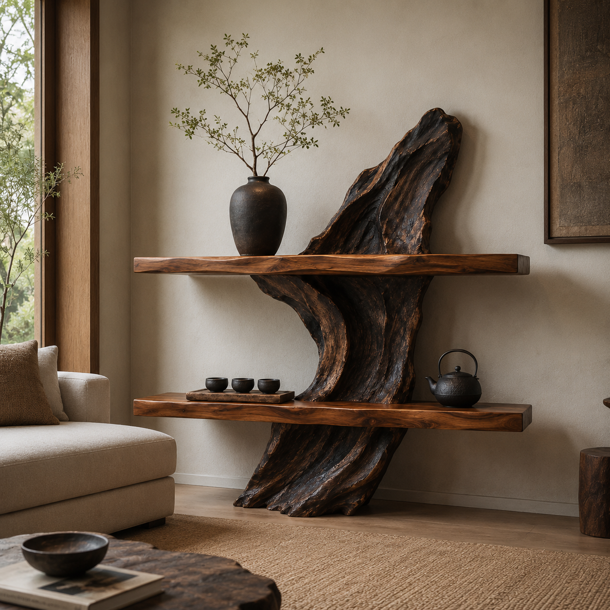 Sculptural Wood Display Shelf – Solid Wood Wall Console with Natural Driftwood Base