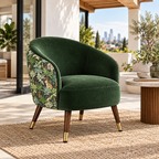 Botanical Velvet Barrel Accent Chair with Wood Legs