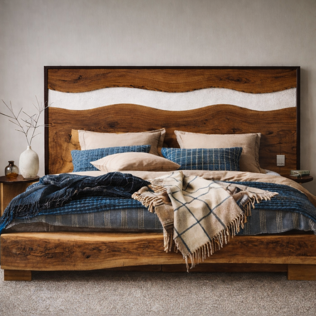 Solid Wood Wave Headboard – Sculptural Open Design