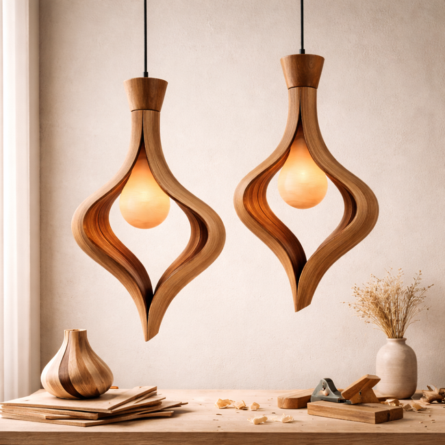 Sculptural Wooden Pendant Light – Handcrafted Organic Wood Hanging Lamp for Modern Interiors Hover Image