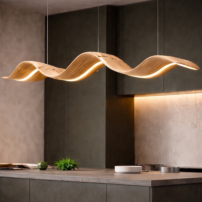 Sculptural Wooden Wave Pendant Light | Modern Organic Ceiling Lighting Hover Image