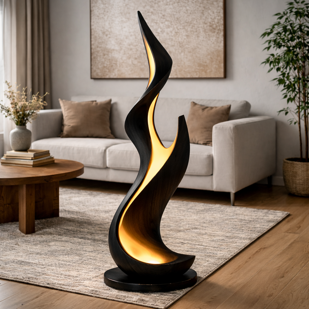 Sculptural Wooden Flame Floor Lamp – Modern Ambient Lighting for Living Room
