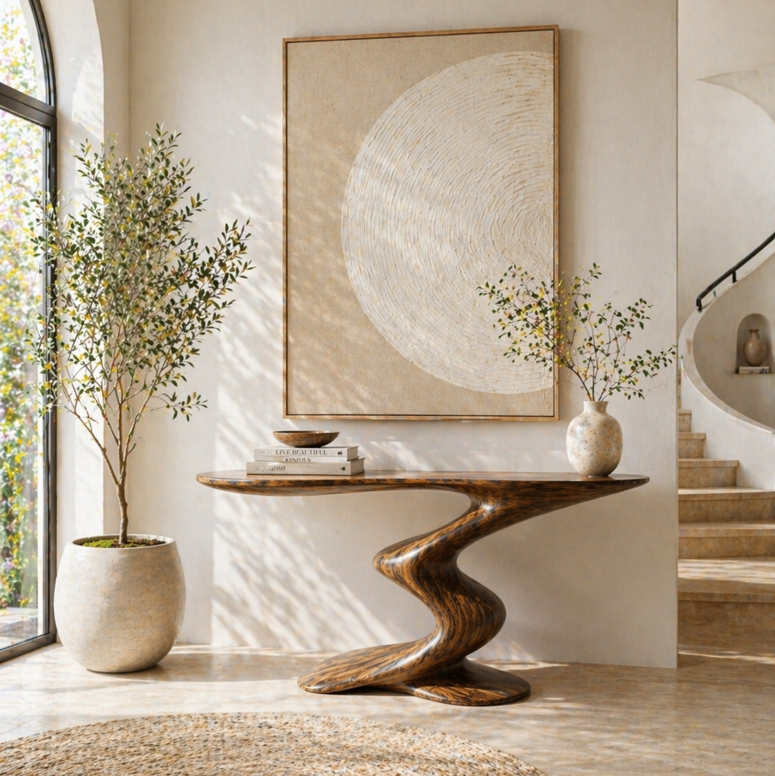 Sculptural Console Table – Solid Wood Curved Base Table for Entryway Decor