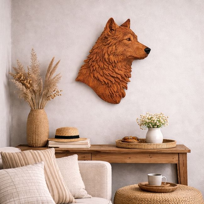 Wolf Head Wall Art – Solid Wood Decorative Panel for Rustic Home Deco Hover Image