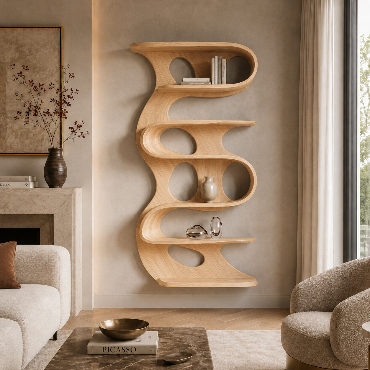 Vertical Bookcase – Sculptural Solid Wood Display Shelf