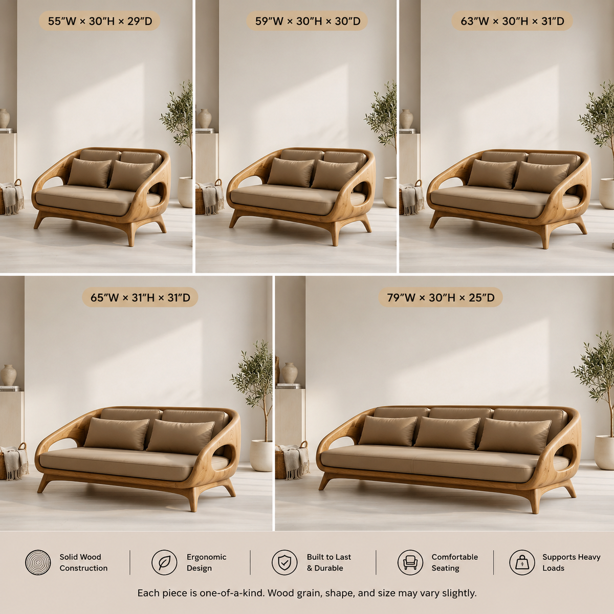 Sculptural Sofa Bench – Solid Wood Lounge Bench with Cushioned Seat