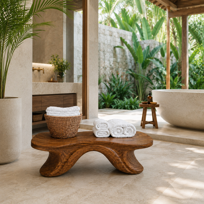 Curved Wood Bathroom Bench – Solid Wood Low Towel Bench for Spa Decor Main Image
